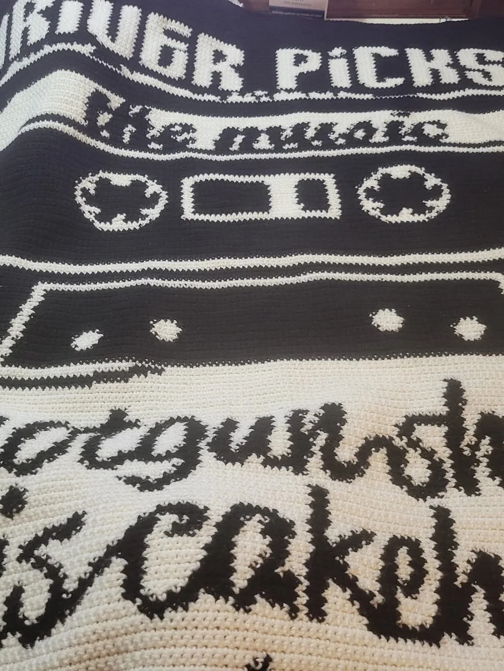 Black & White Knit Blanket with Cassette Motif